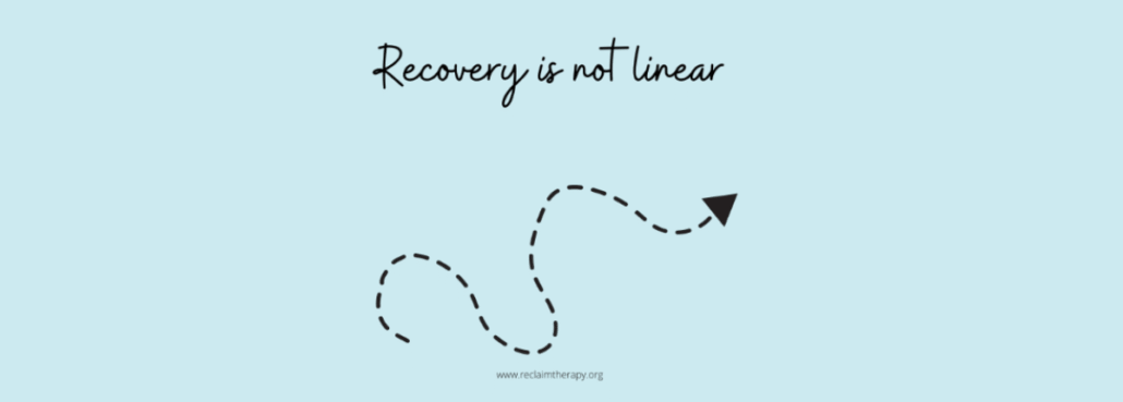 Curved Arrow with text: Recovery is not linear -image from reclaimtherapy.org